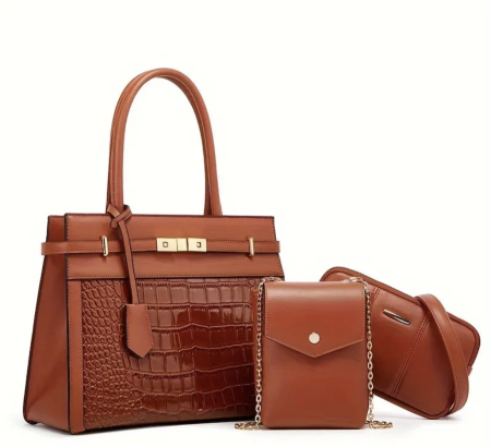 3pcs Crocodile Pattern Bag Set, Fashion Retro Tote Bag With Crossbody Bag And Mobile Phone Purse